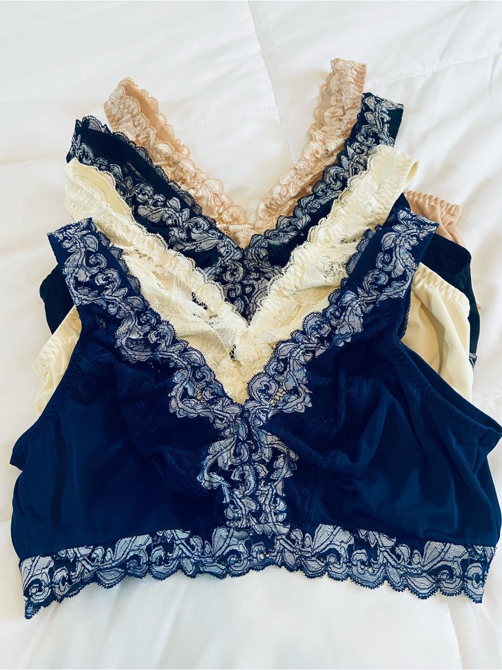 Breezies Lace-Trim Bralette Set in Navy, Cream, Black & Beige